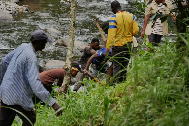 Mehrere Menschen führen eine Aufforstung im Weruweru-Wassereinzugsgebiet im Norden Tansanias durch. Copyright: GIZ/Adelaide Mkwawa