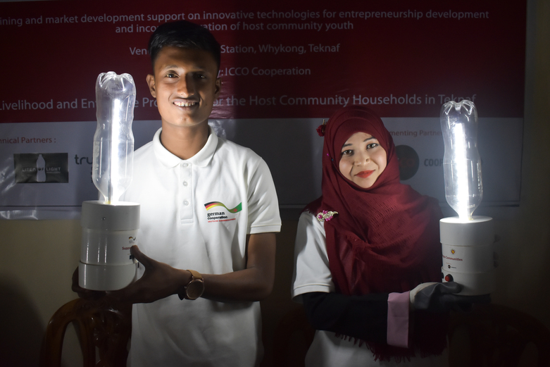 Solar Lights produced by project participant using recycled plastic bottles