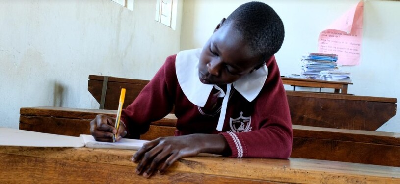 Ein Mädchen an einem Schulpult schreibt in ein Arbeitsheft.