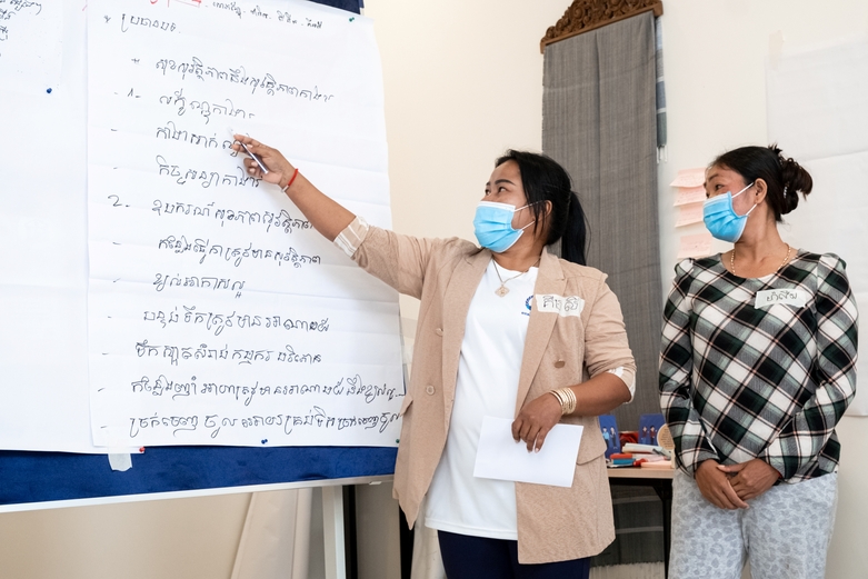 Bei einem Sonntagstraining im Women Empowerment House erklärt eine Trainerin etwas an der Tafel. © Roman König