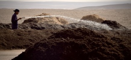  Ein Mann schüttet Wasser auf einen mit Erde bedeckten Müllberg.