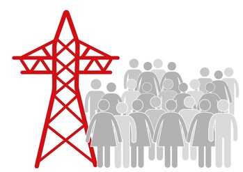 A drawing of a crowd of people in front of a pylon. 