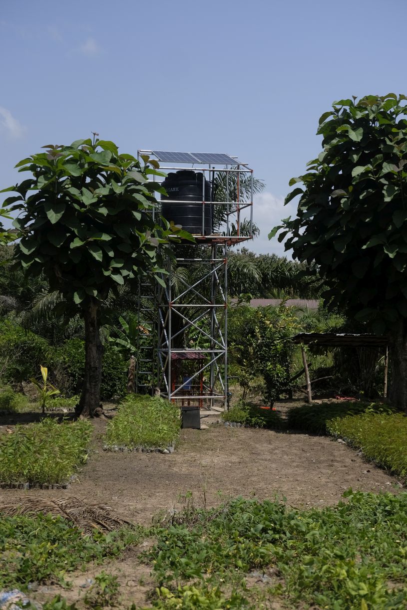 A tree nursery’s water pump is powered by two solar panels. 