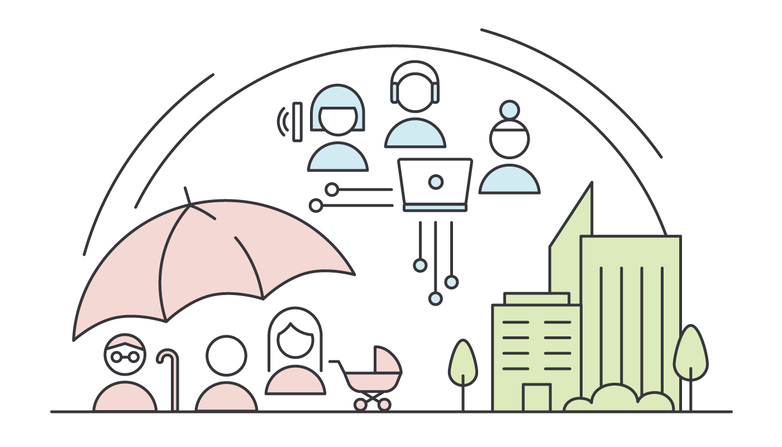An illustration of people under an umbrella.