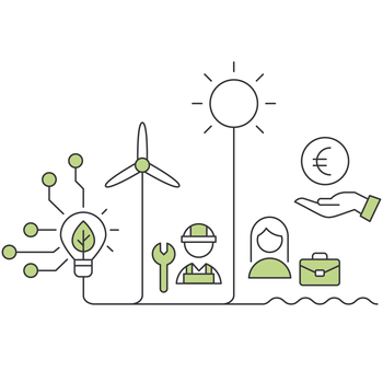 An illustration of a process for producing renewable energy using wind power.