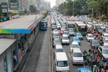 Heavy traffic during peak hours in Sudirman area, Jakarta’s major commercial and business district