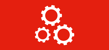 An orange tile with three schematically depicted gearwheels.