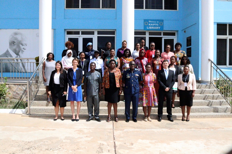 Participants in the Inspiring African Women Leadership training course pose with their teachers for a group photo. Copyright: KAIPTC