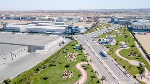 Aerial view of a commercial and industrial area.