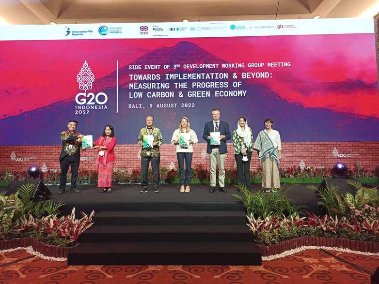 Representatives of the project are standing on the stage of the G20 Indonesia 2022 meeting.f low carbon & green economy.