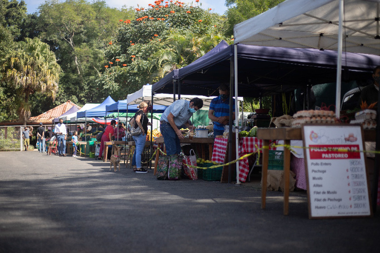 People buying and selling goods at the Aranjuez market in San José, against a backdrop of green spaces. Photo: GIZ/Manduca