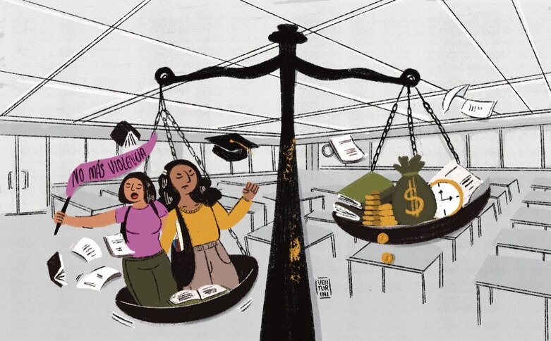 Ilustración de una balanza. En un platillo de la balanza hay dos mujeres, en el otro, un reloj, dinero y libros.  © WAMBRA (2022)