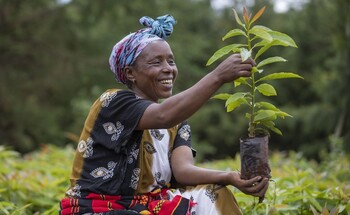 A woman holding a plant in her hands.