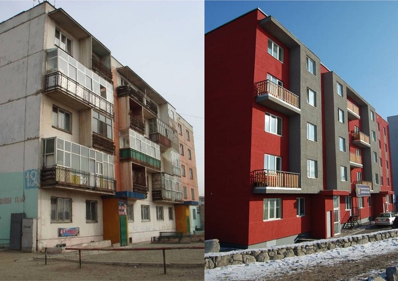 A before and after comparison of a refurbished residential building.
