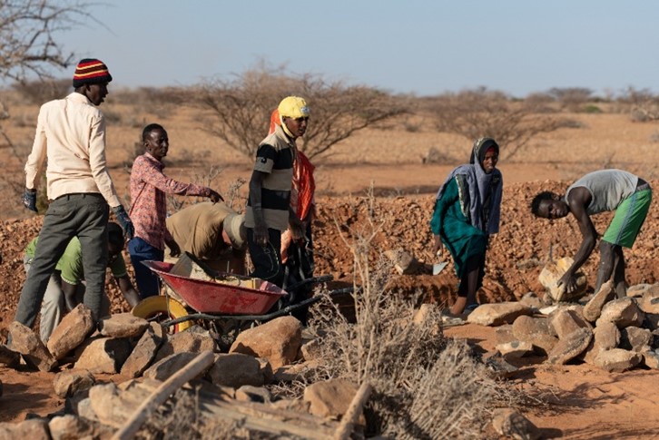 A view of a dry valley under rehabilitation in Somali Region, and its conversion to a productive state of use owing to a cascade of water spreading weirs (Source: Dr. Hans-Peter Thamm; Location: Amadle, Ethiopia).