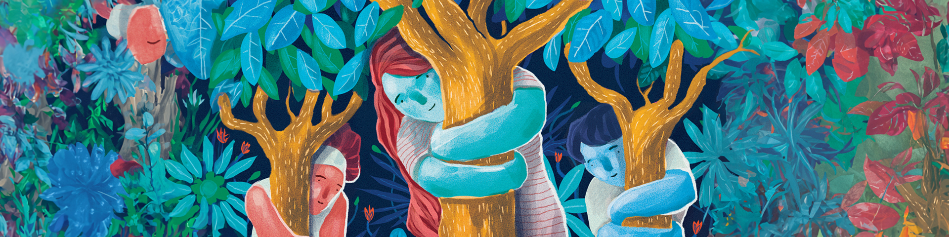 Colorida ilustración de tres figuras abrazando árboles.