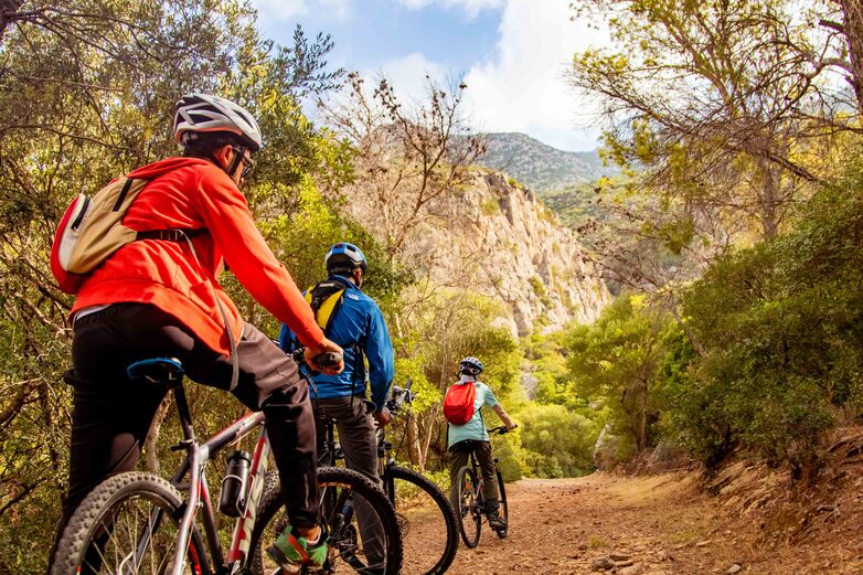 Three people on mountain bikes in a mountain landscape.