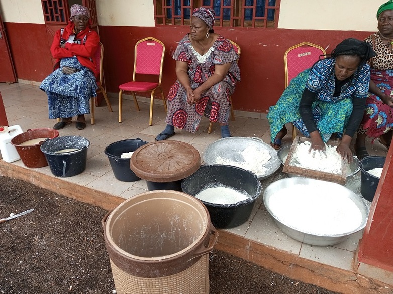 Une groupe de femmes participe à une activité traditionnelle de transformation alimentaire.