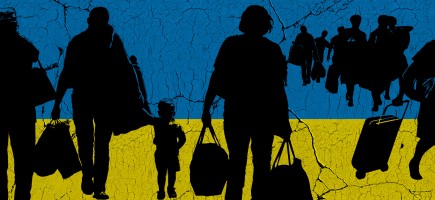 Outlines of fleeing people on a Ukrainian flag