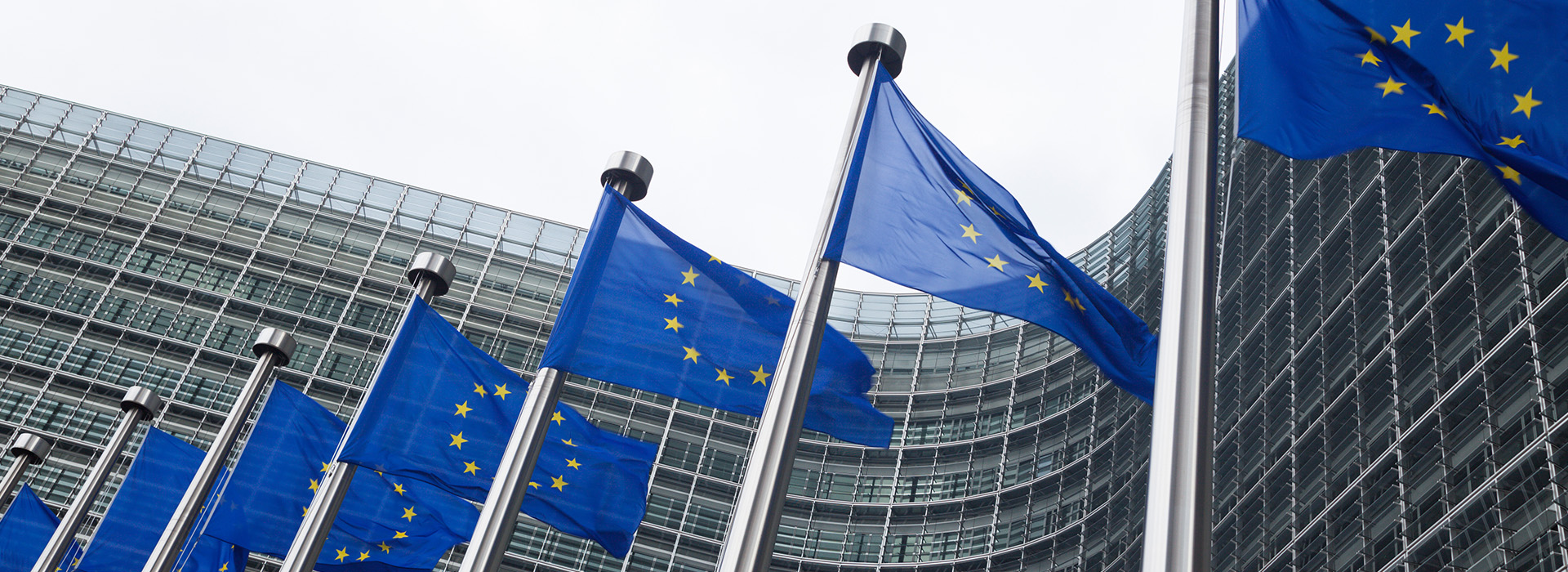 European Union flags in front of European Commission headquarter in Brussels, Belgium