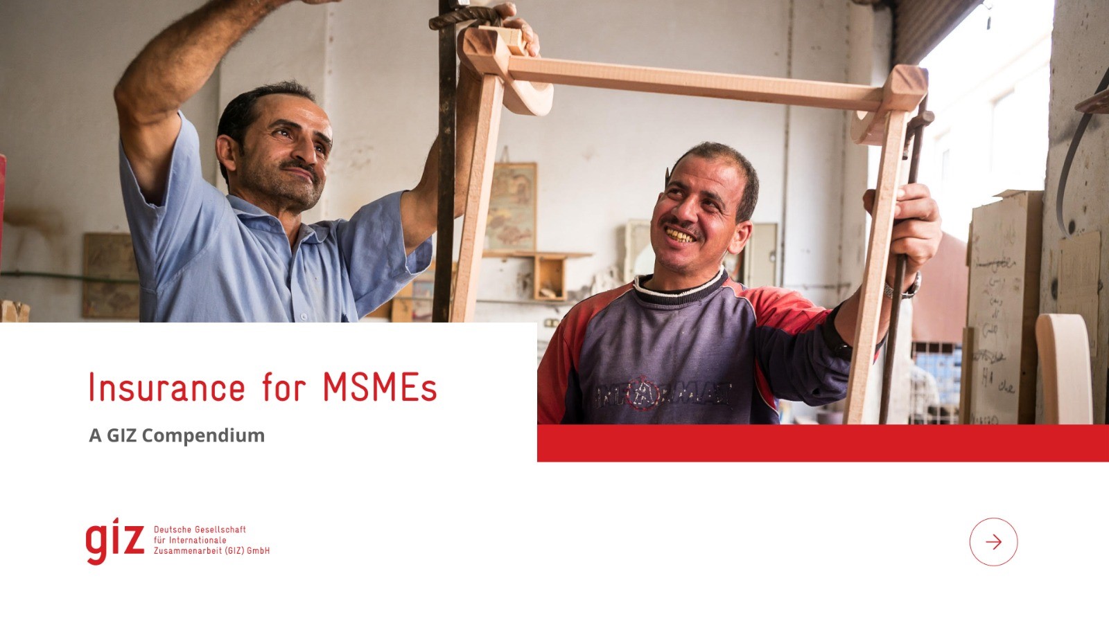 Men working on wood, the caption reads: Insurance for MSMEs: A Compedium